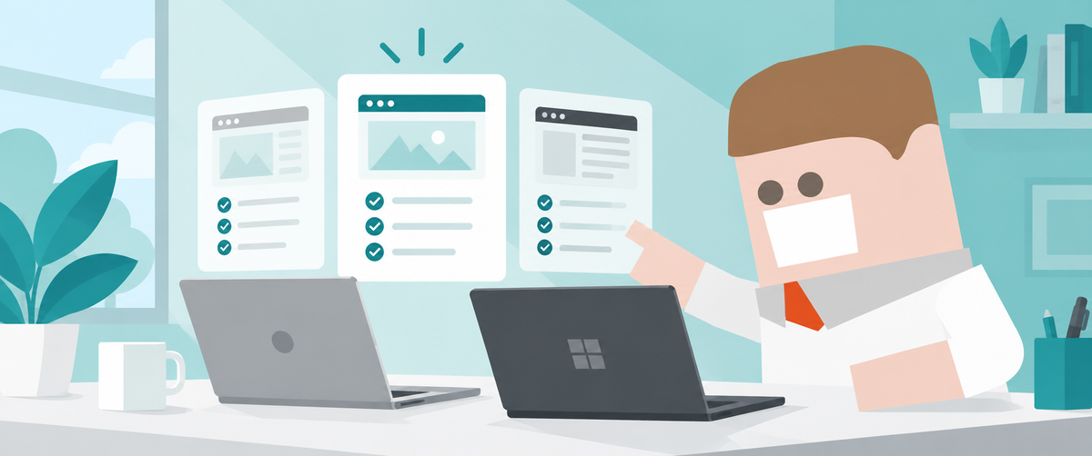 Illustratie van verschillende laptops en browserkeuzes voor Mac en Windows