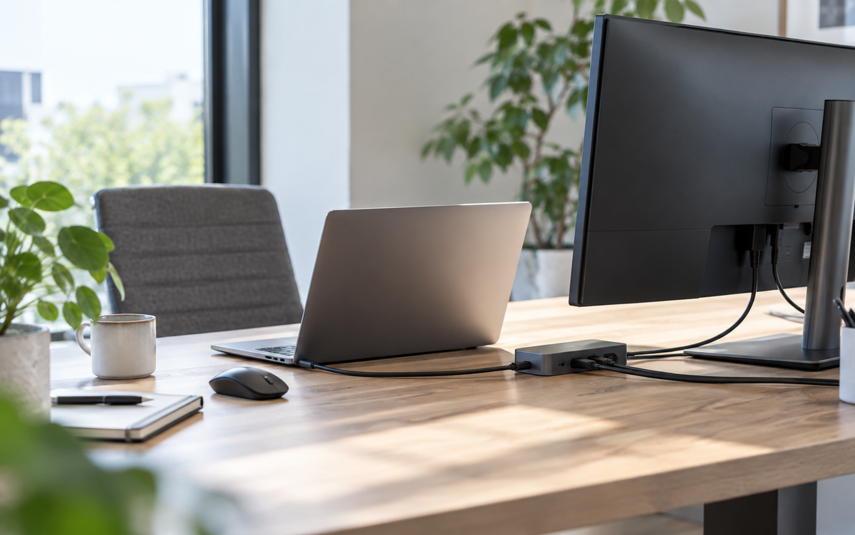 Desktop, laptop en dockingstation op bureau
