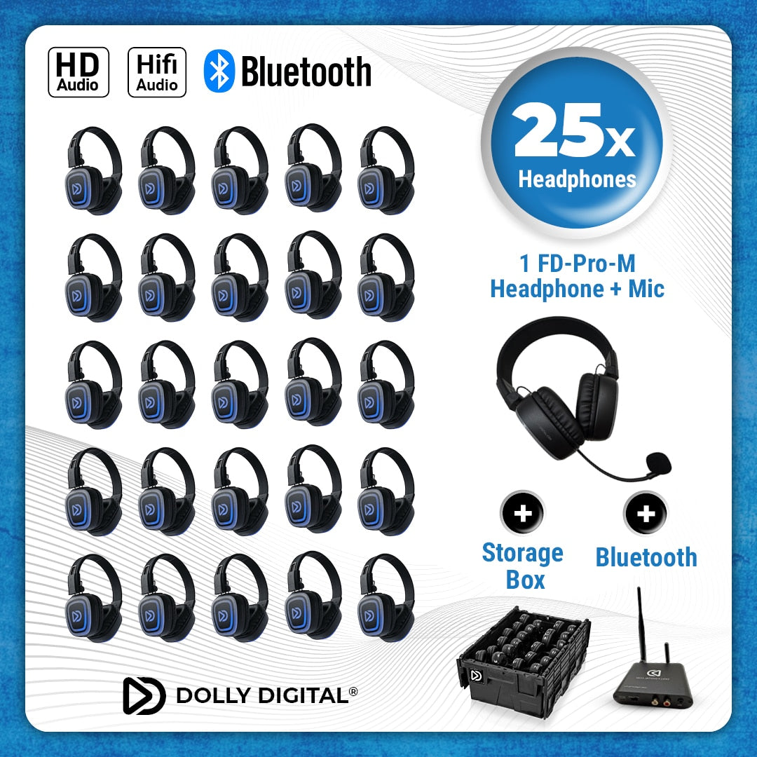 25x type FD Headsets + 1x Microfoon + Bluetooth. Premium Silent Disco pro kit met storage box