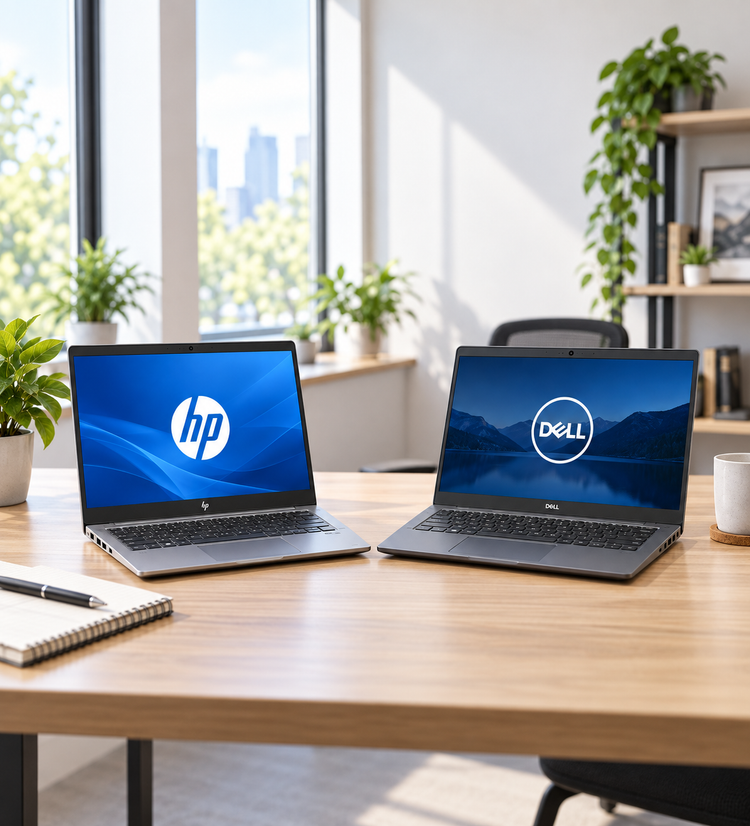 HP en Dell laptop vergelijken op een bureau