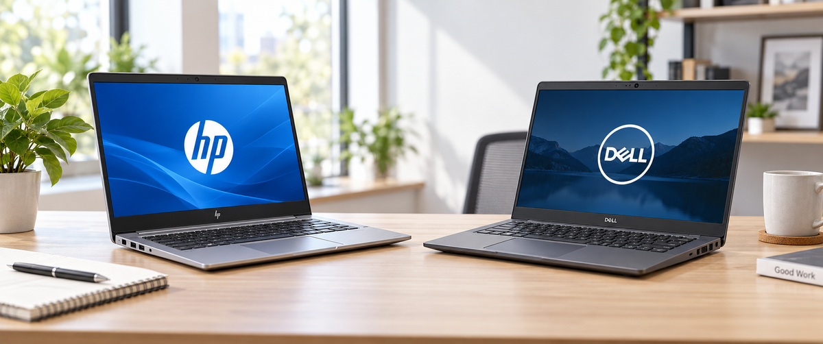 HP en Dell laptops naast elkaar op een moderne werkplek