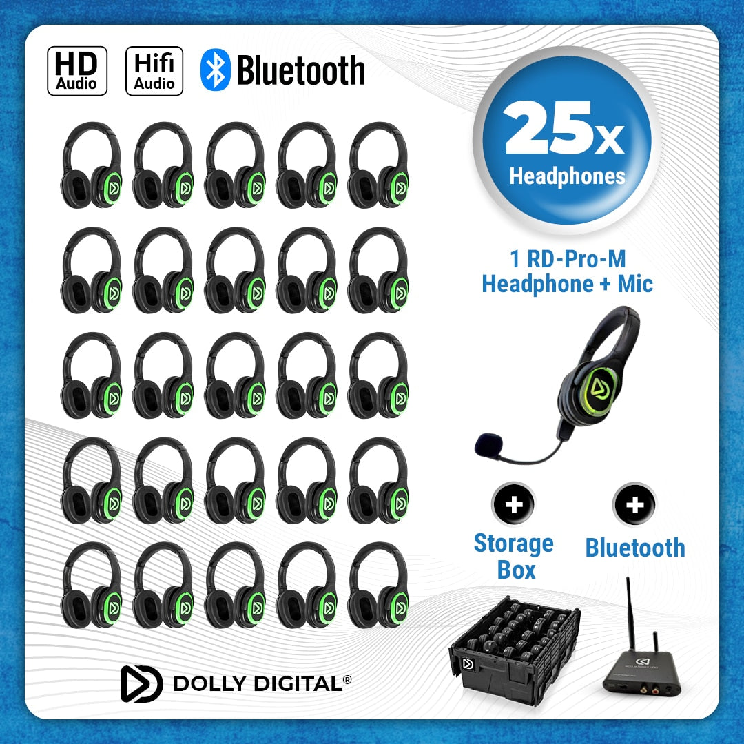 25x type RD Headsets + 1x Microfoon + Bluetooth. Premium Silent Disco pro kit met storage box