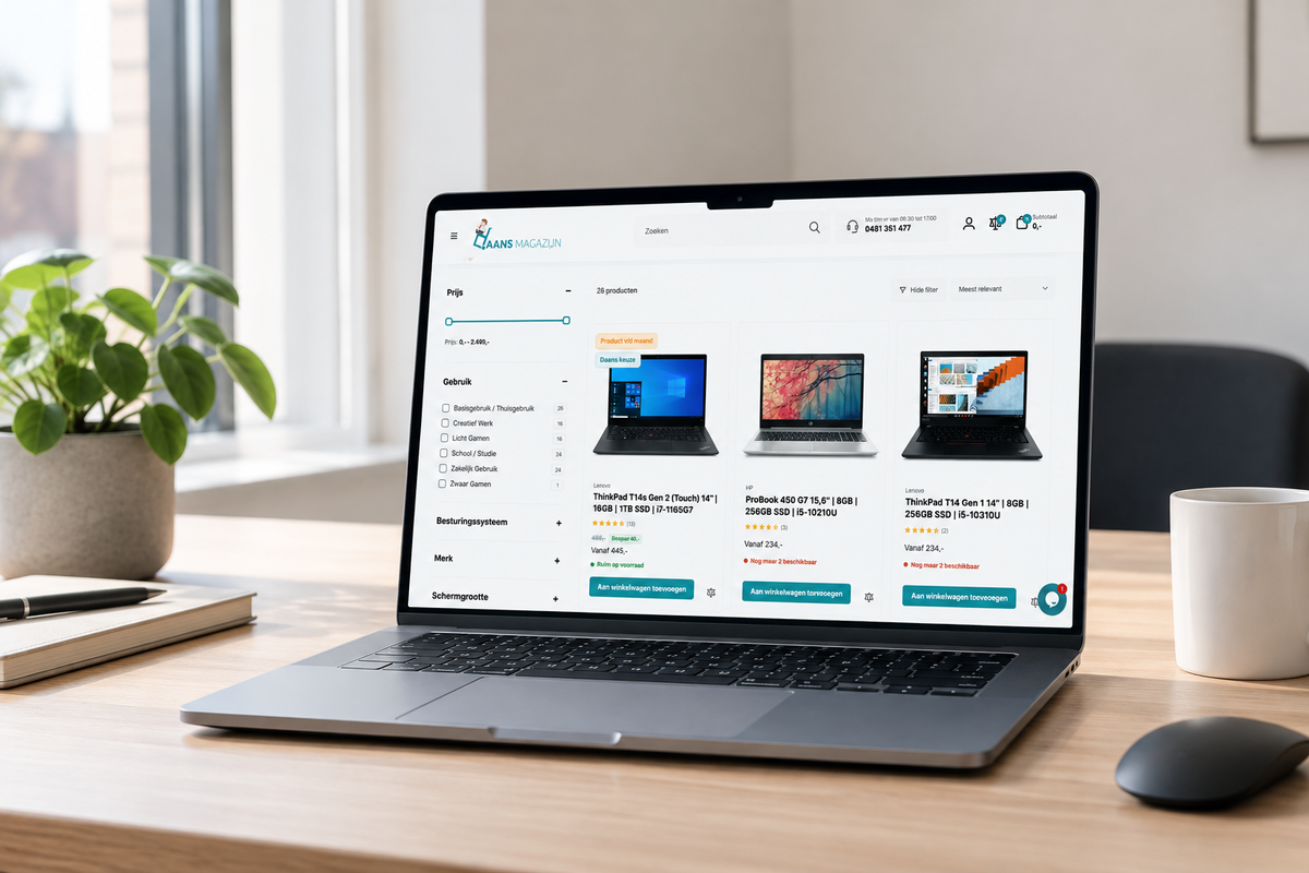 Laptop met de website van Daans Magazijn open in een moderne werkruimte